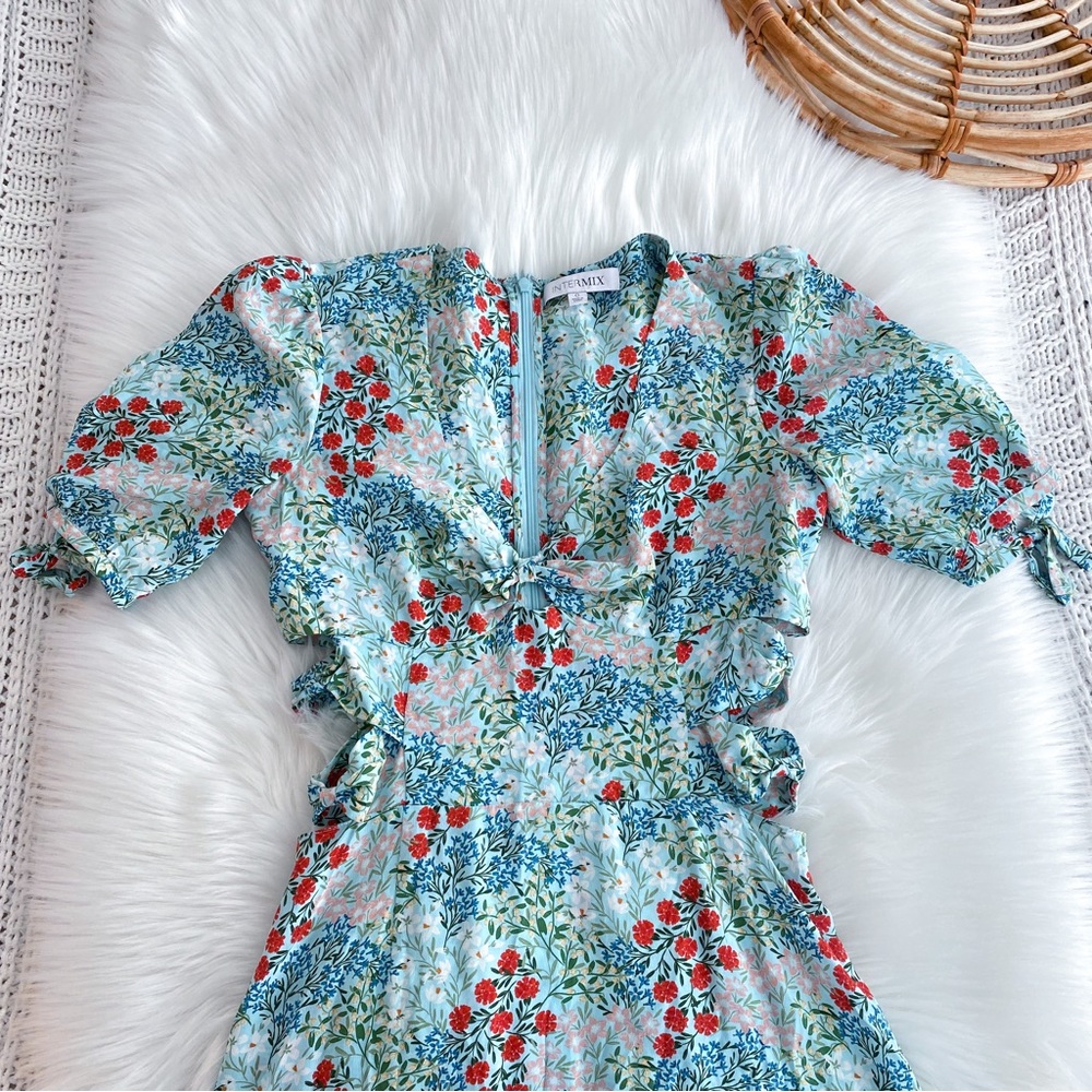 Intermix Nessa Silk Floral High-Low Midi Dress Blue Green Mint Cutout V-neck 0